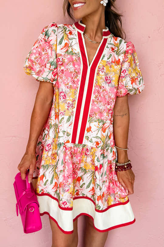 Pink Color Block Floral Print Contrast Trim V Neck Ruffle Hem Mini Dress