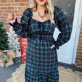 Green Vintage Plaid Square Neck Lace Trim Long Sleeve Shift Dress - Foto 5