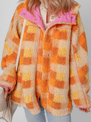 Orange karierte Sherpa-Kapuzenjacke - Miniatuur