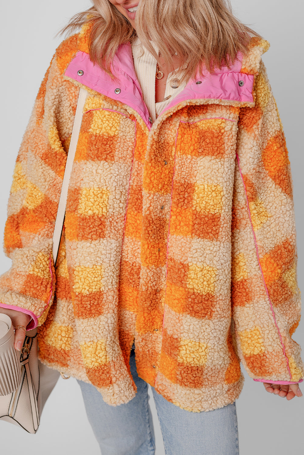 Orange karierte Sherpa-Kapuzenjacke