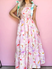 Maxi robe smock à épaules nouées à imprimé fleur rose - Miniatuur