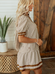 Brown Stripe Shirt Collar Color Block Patchwork Trim Ruffle Hem Short Dress - Miniatuur