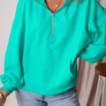 Aruba Blue Fleece Lined Half Zipper Kangaroo Pockets Loose Hoodie - Damesmode Afbeelding 3 - Foto 3