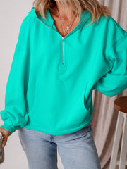Aruba Blue Fleece Lined Half Zipper Kangaroo Pockets Loose Hoodie - Damesmode Afbeelding 3 - Miniatuur