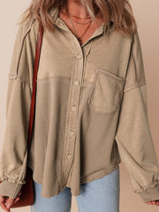 Goat Mineral Wash Textured Patchwork Loose Fit Shacket - Miniatuur