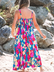 Dark Blue Floral High Waist Sleeveless Flared Long Dress - Miniatuur