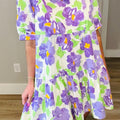 Purple Floral V Collar Short Sleeve Tiered Ruffle Mini Dress - Foto 2