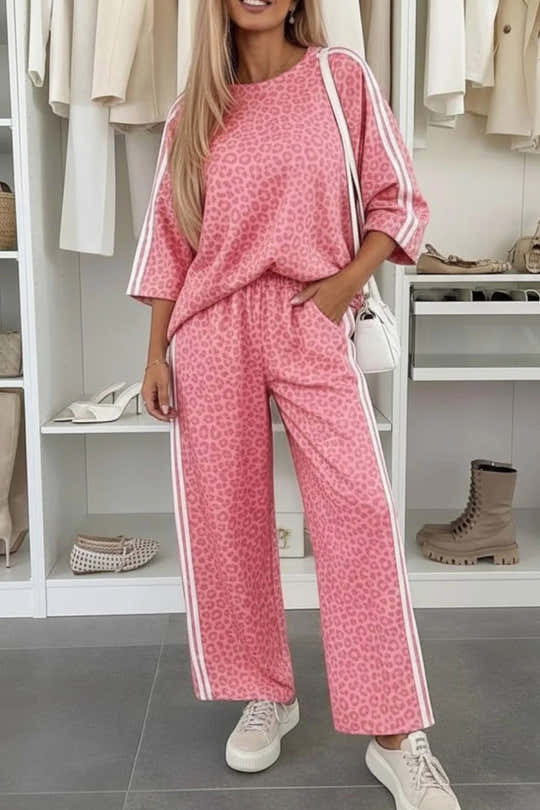 Pinker Leopardenmuster Varsity mit gestreiftem Detail 3/4-Ärmel Oberschicht Shift-Hose Set