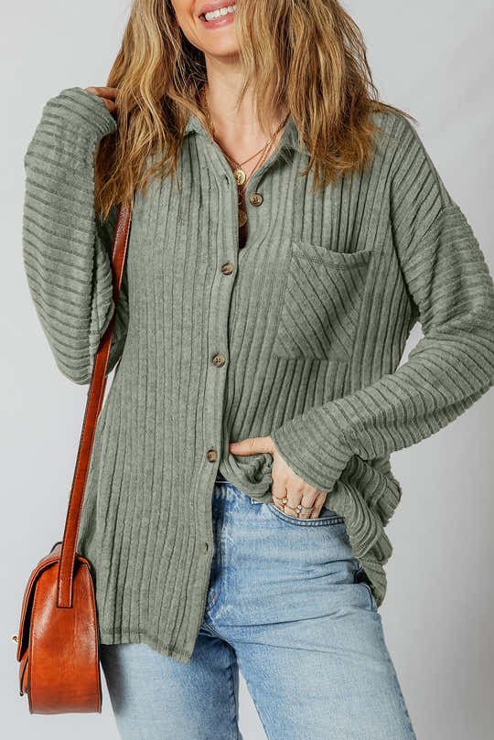 Camisa de hombros recaída Mist Green Thermal Ribbed Texture