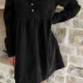 Black Corduroy Half Button Collared Long Sleeve Mini Dress - Damesmode Afbeelding 1 - Foto 1