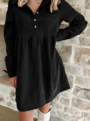 Black Corduroy Half Button Collared Long Sleeve Mini Dress - Damesmode Afbeelding 1 - Miniatuur
