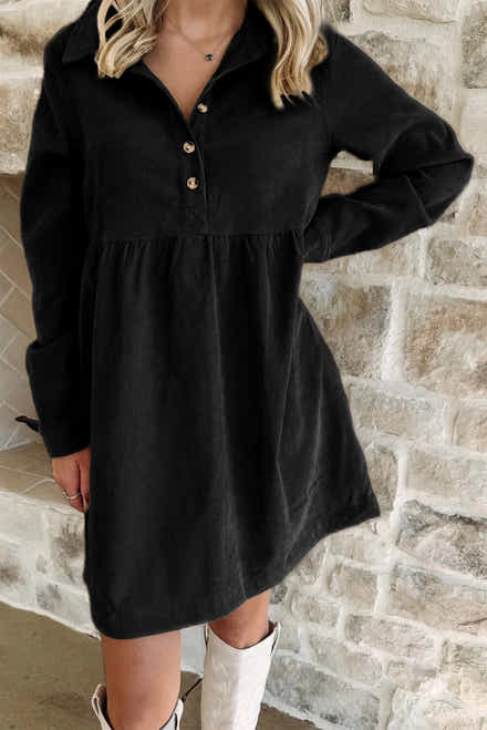 Schwarzes Cord mit Halbknopfkragen und Langarm-Minikleid – Damesmode Afbeelding 1