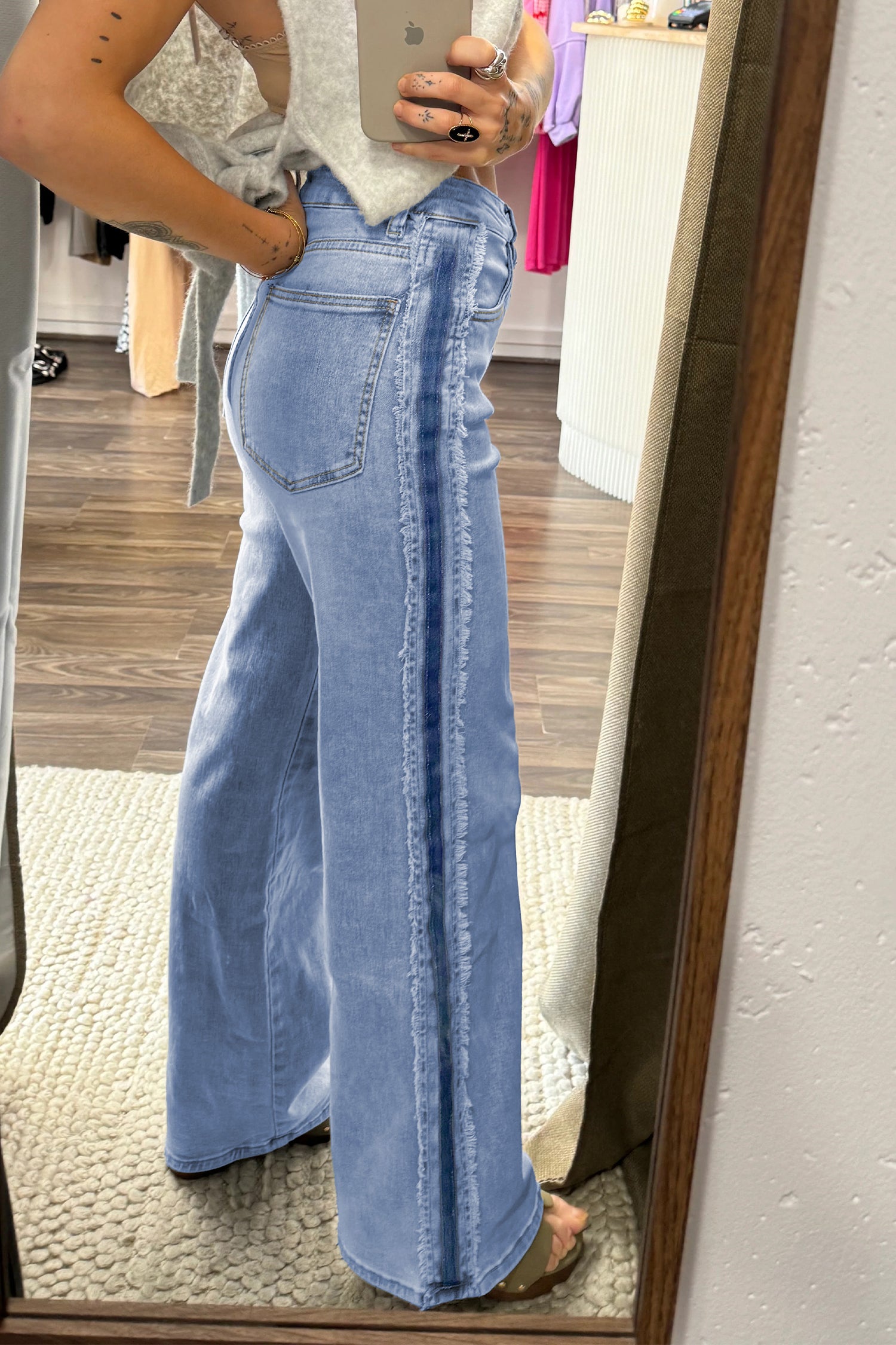 Beau Blue Contrast Stripe Frayed Side Panel Patchwork Shift Jeans - Damesmode Afbeelding 3