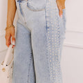 Beau Blue Mid Rise Pearl Embellished Split Wide Leg Jeans - Damesmode Afbeelding 3 - Foto 3