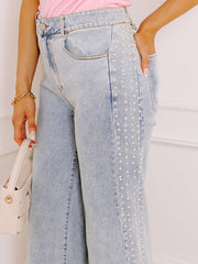 Beau Blue Mid Rise Pearl Embellished Split Wide Leg Jeans - Damesmode Afbeelding 3 - Miniatuur