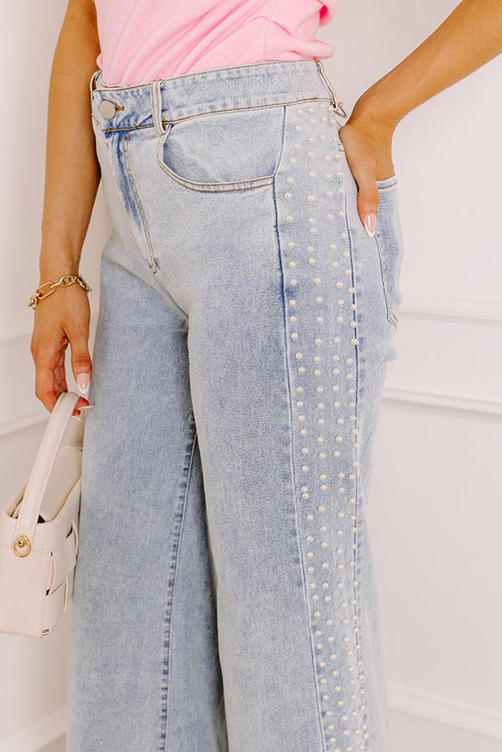 Beau Blue Mid Rise Pearl Embellished Split Wide Leg Jeans - Damesmode Afbeelding 3