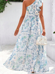 Sky Blue Floral Print Ruffled One Shoulder Vacation Maxi Dress - Miniatuur