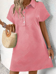 Peach Blossom Solid Color Textured Short Sleeve A Line Mini Dress - Miniatuur