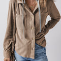 Black Hooded Drawstring Pockets Corduroy Shacket - Damesmode Afbeelding 6 - Foto 6