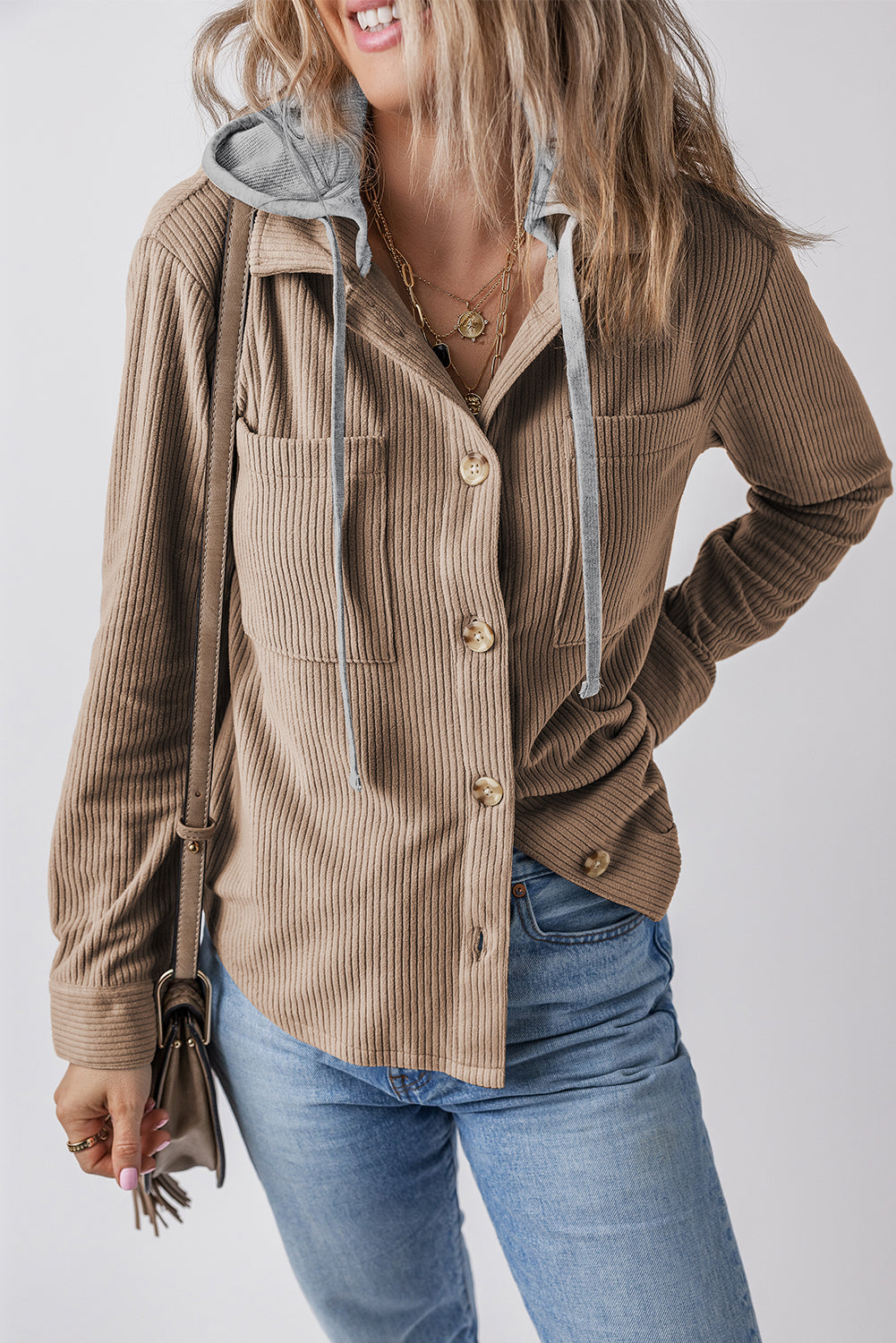 Black Hooded Drawstring Pockets Corduroy Shacket - Women's Fashion Image 6