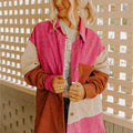 Rose-rout Faarfblock gebogenen Saum Corduroy Shacket mat Täsch - Foto 4