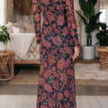 Black Retro Floral Print Long Sleeve Casual Mesh Dress - Damesmode Afbeelding 2 - Foto 2