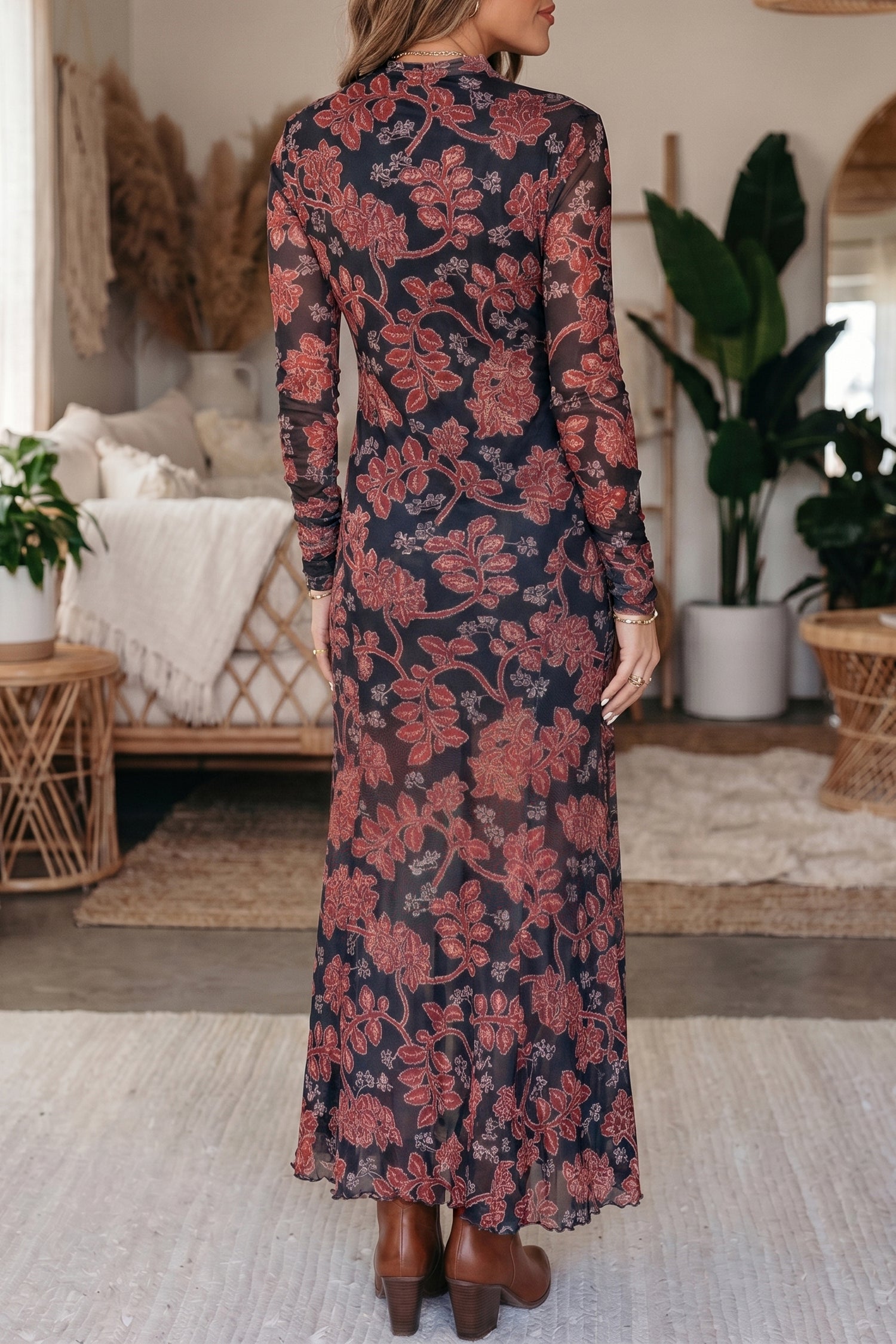 Black Retro Floral Print Long Sleeve Casual Mesh Dress - Women's Fashion Image 2