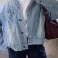 Sky Blue Polka Dot Long Sleeve Collar Pocket Casual Shift Silhouette Denim Jacket - Foto 3