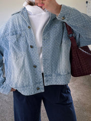 Sky Blue Polka Dot Long Sleeve Collar Pocket Casual Shift Silhouette Denim Jacket - Miniatuur