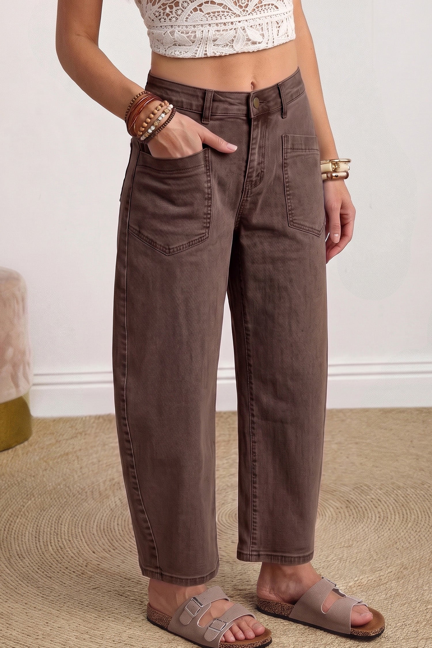 Beau Blue Solid Color Square Patch Pocket Ankle-length Barrel Jeans - Damesmode Afbeelding 6