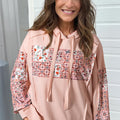 Flamingo Mix Floral Patchwork Side Slit Drawstring Hoodie - Foto 6
