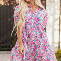 Pink Floral Collared Half Placket Short Sleeve Loose Dress - Foto 1