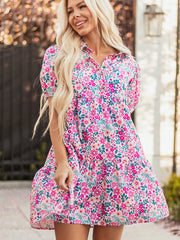 Rosa blommig klänning med halv placket och kortärmad lös klänning - Miniatuur