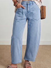 Vaqueros Beau Blue Solid Color Solid Square Patch Pocket hasta el tobillo - Damesmode Afbeelding 1 - Miniatuur