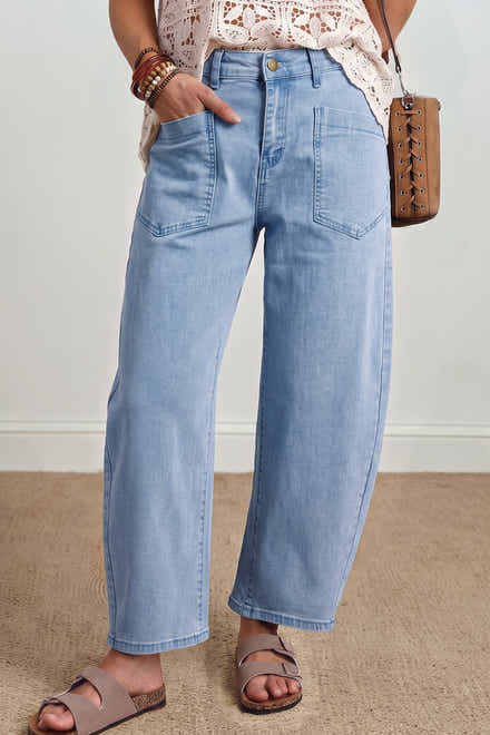 Jeans Beau Blue Uni Color Square Patch Pocket Pocket jusqu’à la cheville - Damesmode Afbeelding 1