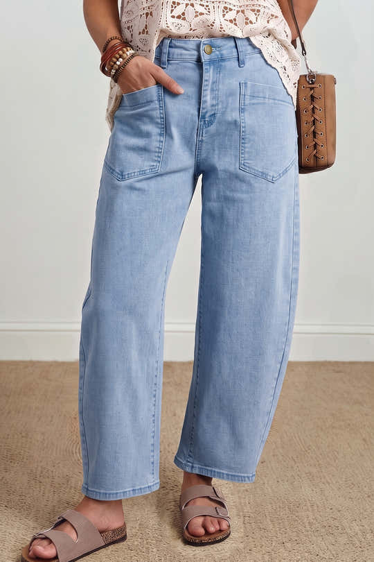 Vaqueros Beau Blue Solid Color Solid Square Patch Pocket hasta el tobillo - Damesmode Afbeelding 1