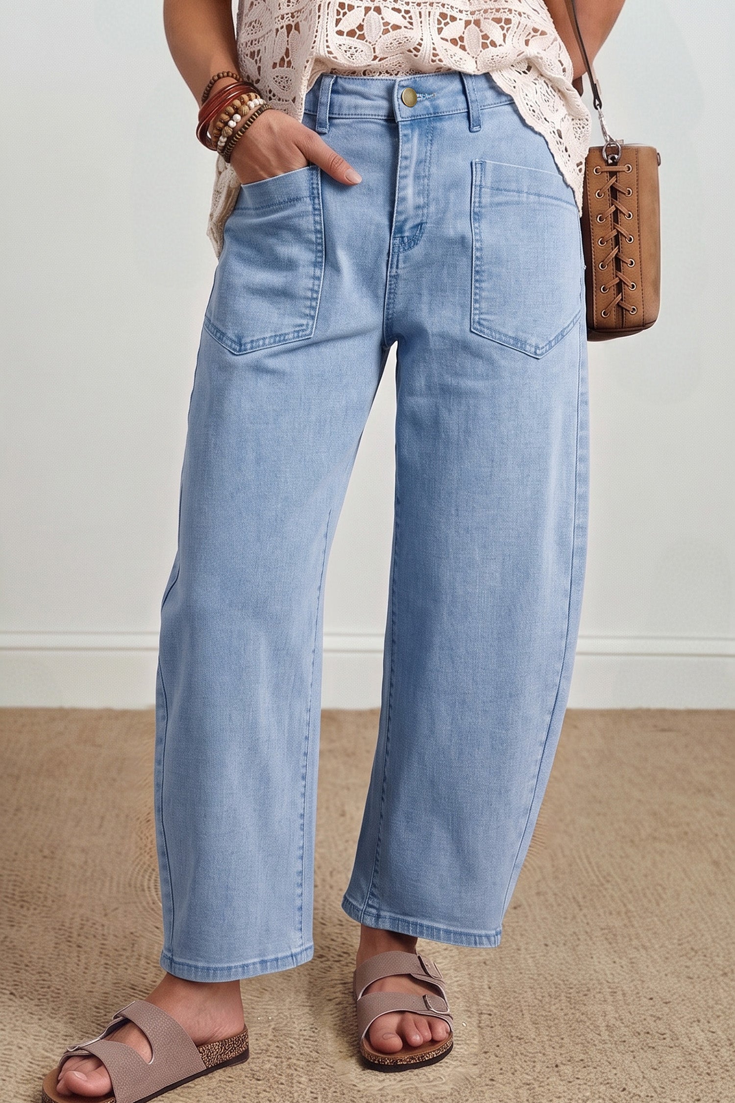 Beau Blue Solid Color Square Patch Pocket Ankle-length Barrel Jeans - Damesmode Afbeelding 1