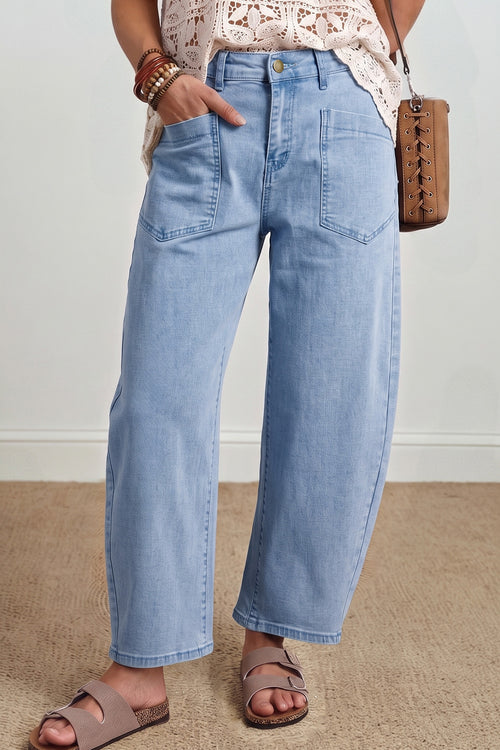 Beau Blue Solid Color Square Patch Pocket Ankle-length Barrel Jeans - Damesmode Afbeelding 1