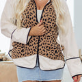 Brown Leopard Star Hooded Patchwork Contrast Piping Open Front Jacket - Damesmode Afbeelding 4 - Foto 4
