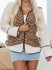 Brown Leopard Star Hooded Patchwork Contrast Piping Open Front Jacket - Damesmode Afbeelding 4 - Miniatuur