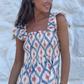 Sky Blue Ethnic Geometric Print Square Neck Smocked High Waist Ruffle Sleeve Dress - Foto 5