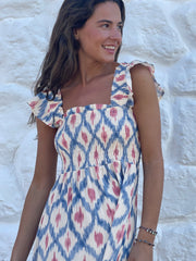 Himmelblaues, ethnisch-geometrisches Muster mit quadratischem Hals, hoch taillenförmigem Kleid mit Rüschenärmeln - Miniatuur