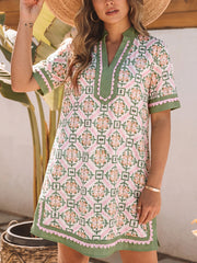 Multicolour Boho Geometric Flower Print Short Sleeve Loose Mini Dress - Miniatuur