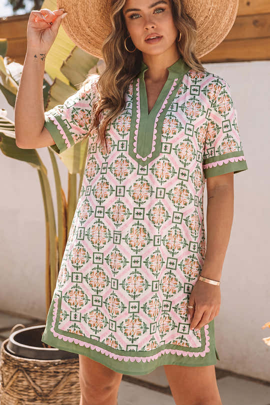 Multicolour Boho Geometric Flower Print Short Sleeve Loose Mini Dress