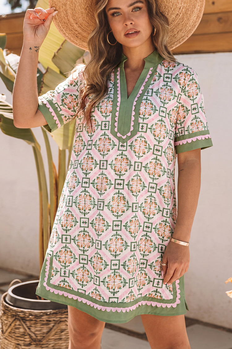 Multicolour Boho Geometric Flower Print Short Sleeve Loose Mini Dress - Damesmode
