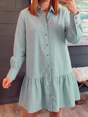 Green Stripe Striped Shift Long Sleeve Dress - Miniatuur