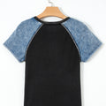 Laurel Green Waffle Knit Seam Detail Color Block Patchwork Short Sleeve Top - Foto 6