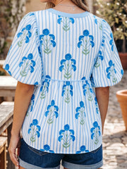 Himmelblå bluse med blomsterprint med slipshals og puffærmer - Miniatuur