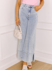 Beau Blue Mid Rise Pearl Embellished Split Wide Leg Jeans - Damesmode Afbeelding 6 - Miniatuur