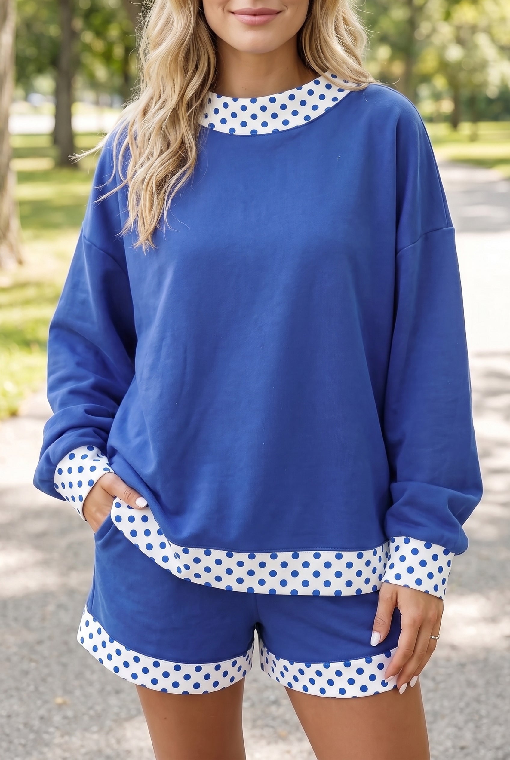 Marineblauer Polka Dot Trim Baggy Pullover 2 Stück Short Set